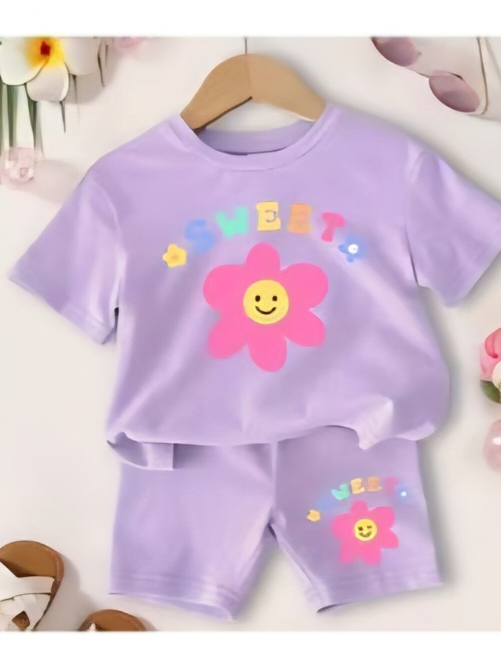 Girl's Lavender Shirt & Shorts Set with Pink Smiley Flower, Size 2-3Y